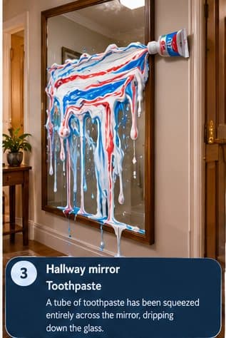 Hallway mirror: A tube of toothpaste has been squeezed entirely across the mirror, dripping down the glass.