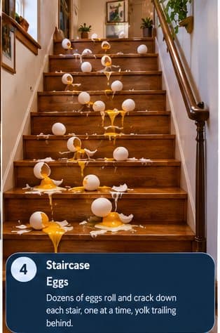 Staircase: Dozens of eggs roll and crack down each stair, one at a time, yolk trailing behind.