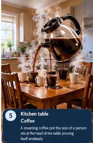 Kitchen table: A steaming coffee pot the size of a person sits at the head of the table, pouring itself endlessly.