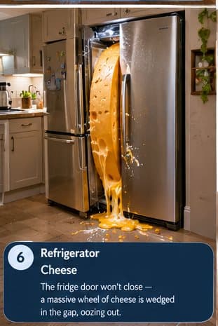Refrigerator: The fridge door won't close — a massive wheel of cheese is wedged in the gap, oozing out.