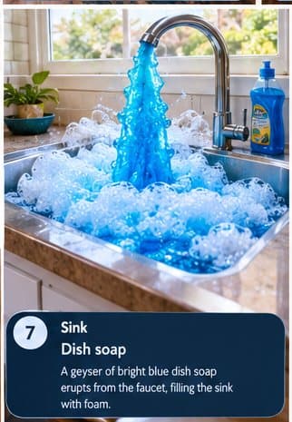 Sink: A geyser of bright blue dish soap erupts from the faucet, filling the sink with foam.