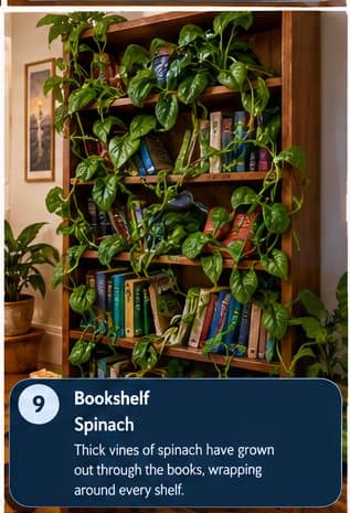 Bookshelf: Thick vines of spinach have grown out through the books, wrapping around every shelf.