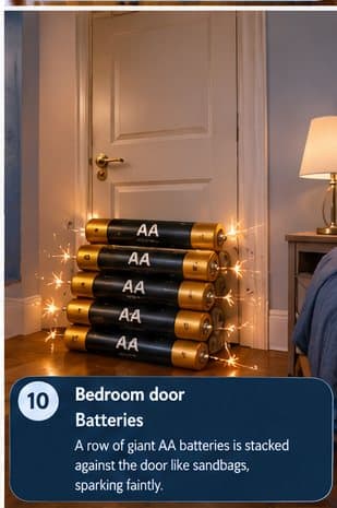 Bedroom door: A row of giant AA batteries is stacked against the door like sandbags, sparking faintly.