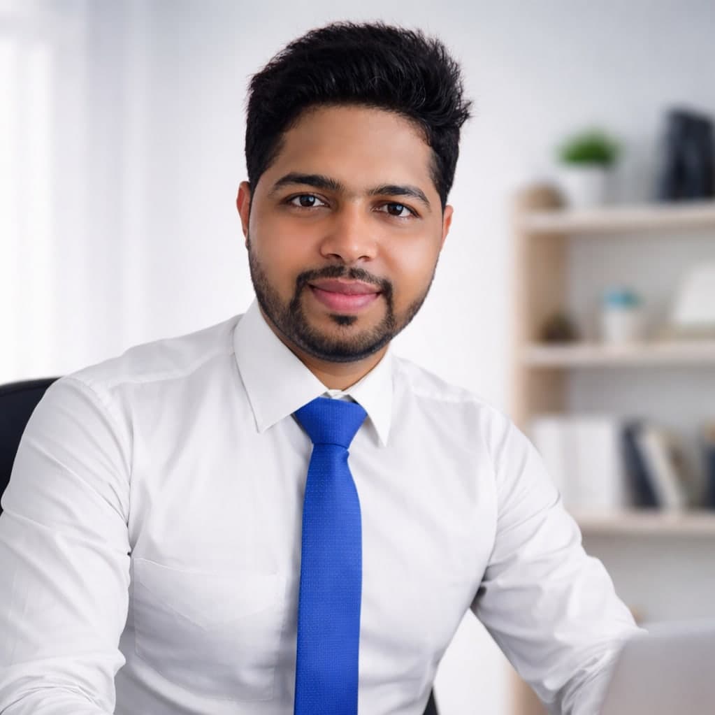Chandan Majumder, founder of MemoChamp, smiling in a white shirt and blue tie in a bright office
