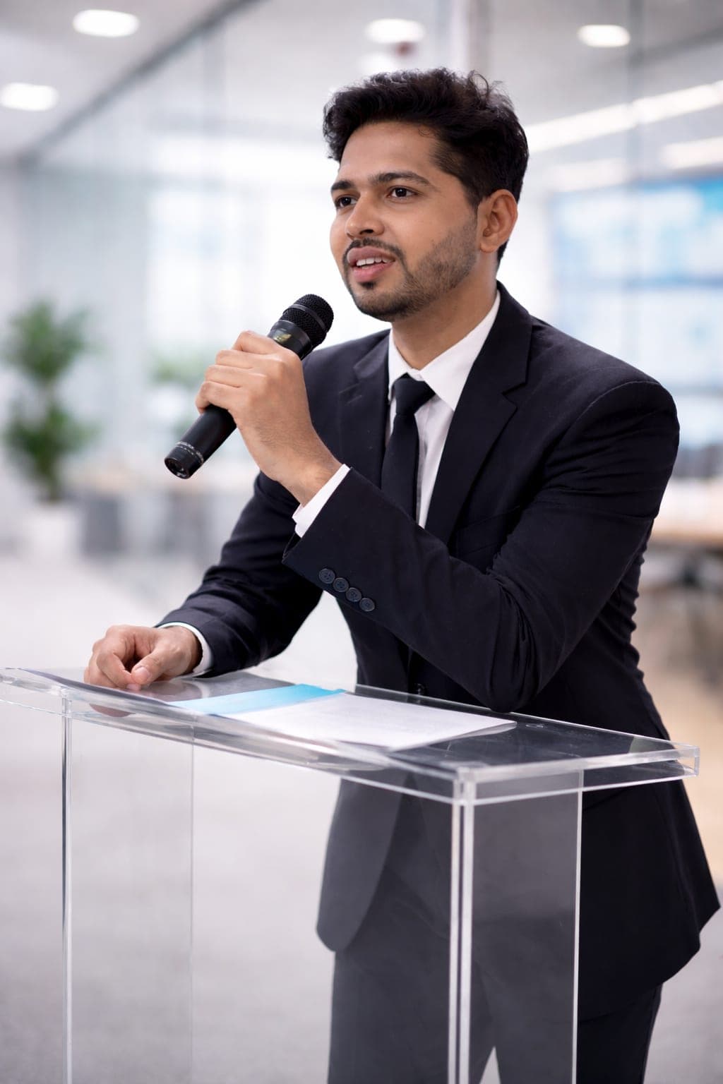 Chandan Majumder in a dark suit speaking into a microphone at a clear acrylic lectern