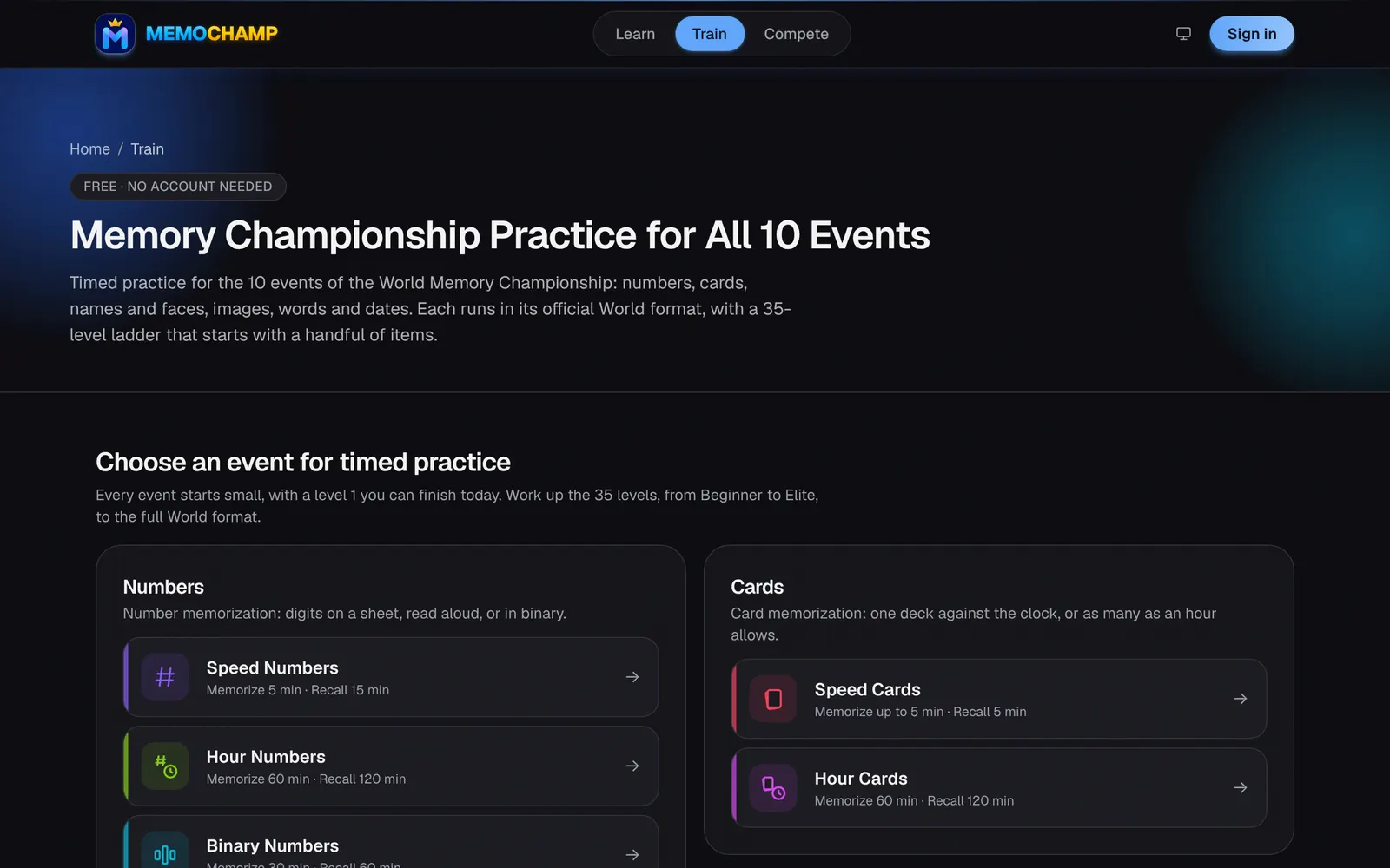 MemoChamp's Train page: timed practice for all 10 World Memory Championship events